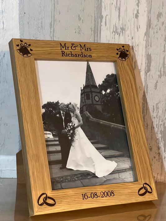Wedding photo frame ,Anniversary gift, personalised engraved photo frame. oak effect frame custom engraved.