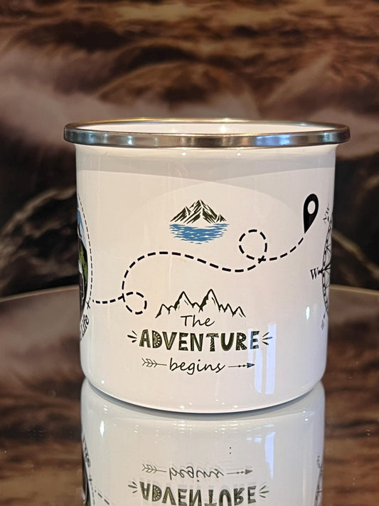 Van life Personalised enamel mug with name. The adventure begins. Compass. Great mug for camper van. Metal mug. Camping Mug