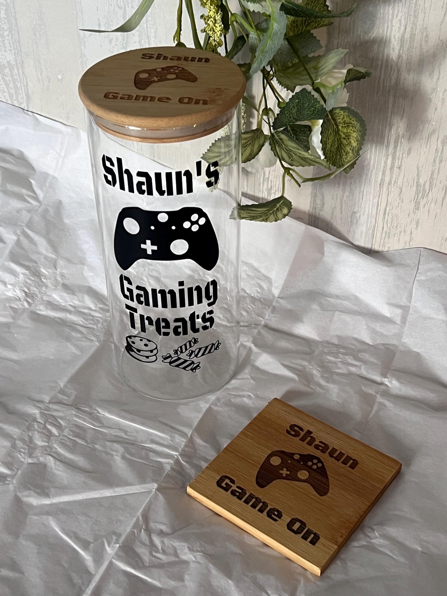 Personalised gaming jar /streaming treat jar. Engraved lid and choice of engraved coaster slate or wooden . Great gift for the gamer-console