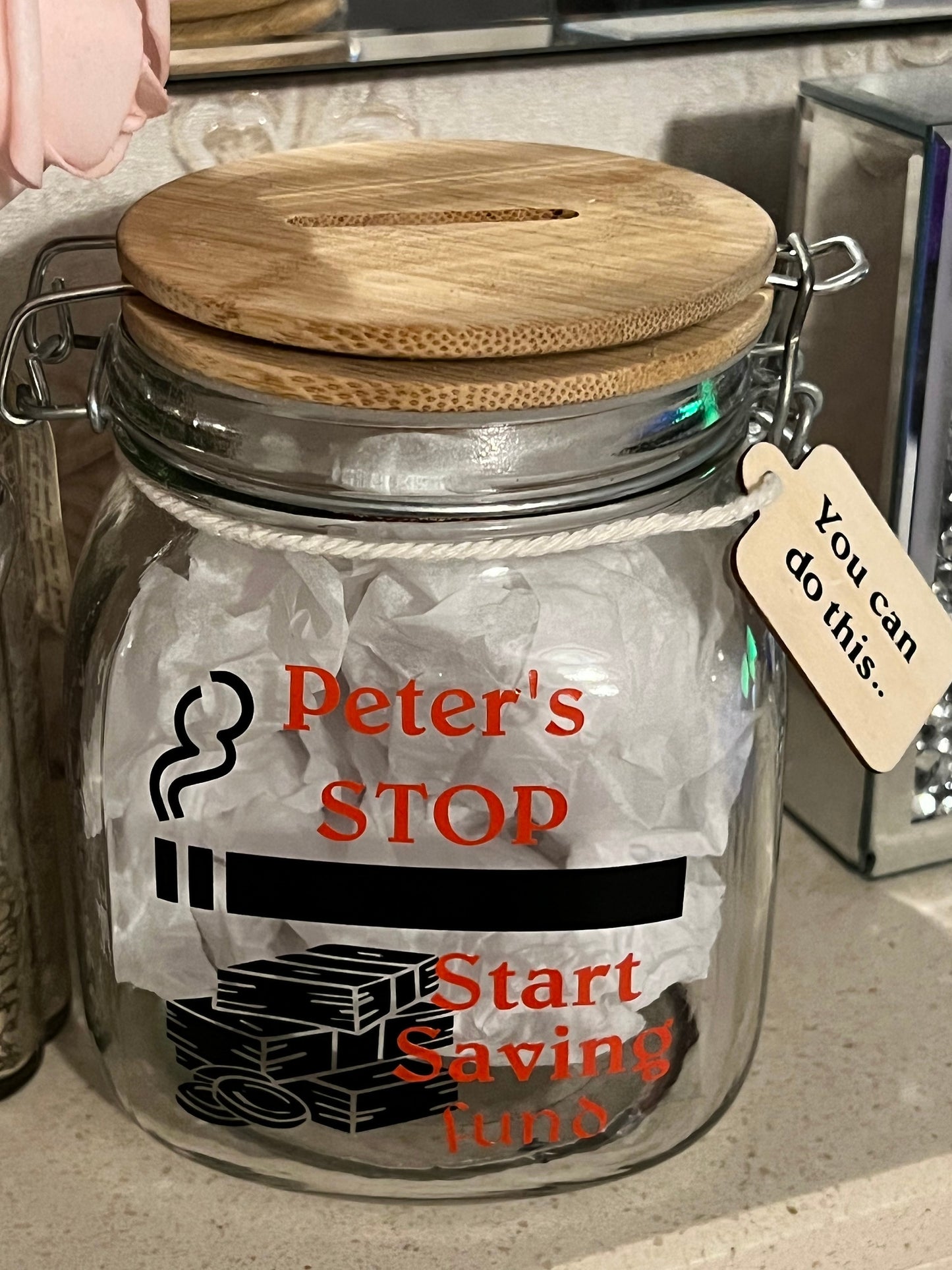 Personalised stop smoking start saving money jar. Stop smoking incentive. Money box. Help stop smoking. Piggy bank