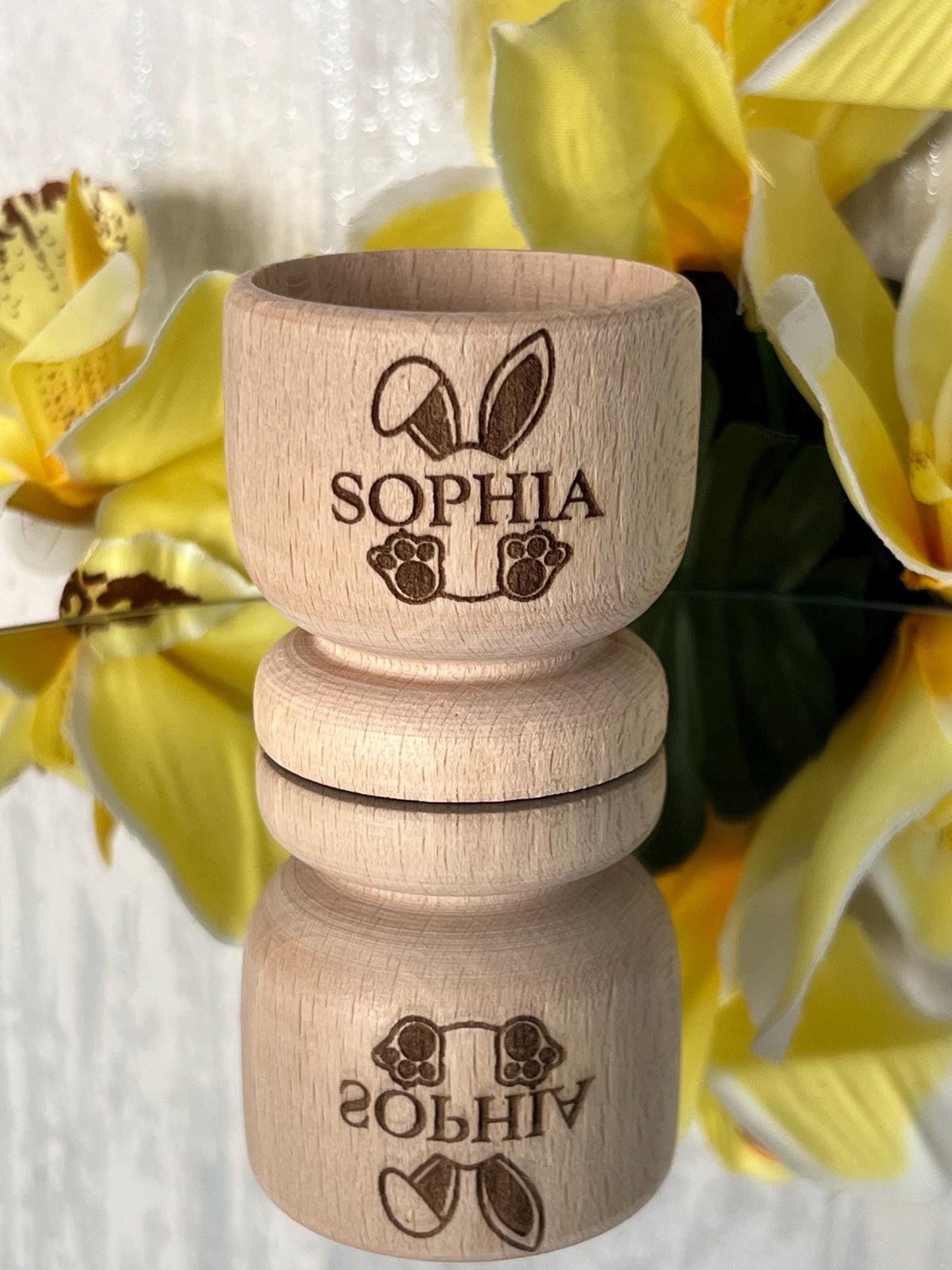 Personalised Easter gift with name. Solid beech egg cup engraved with name. Kids Easter gift. Kinder egg or crème egg option Easter bunny.