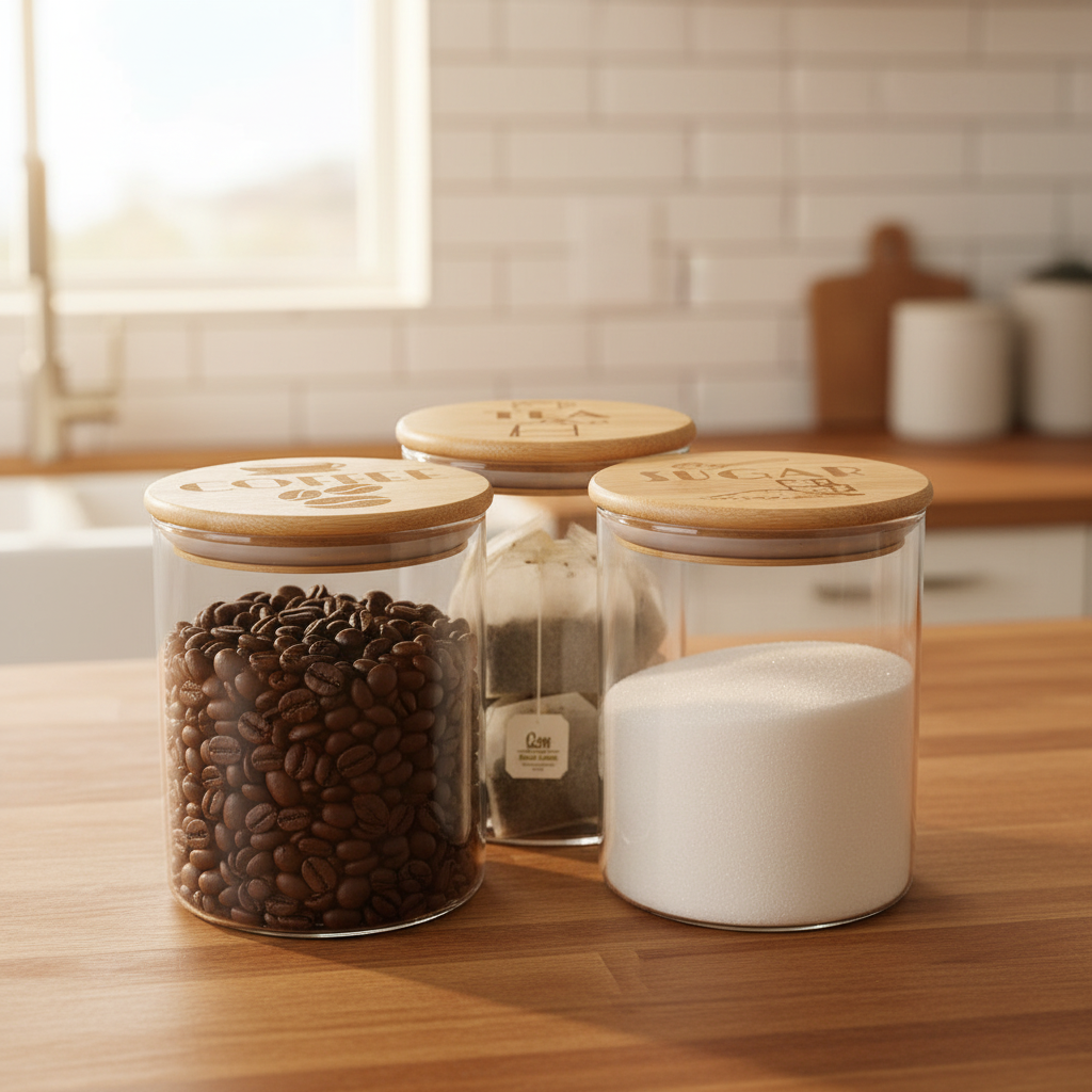 Engraved Tea Coffee and Sugar canister set or individual. Glass storage with engraved airtight bamboo lid. visual aid