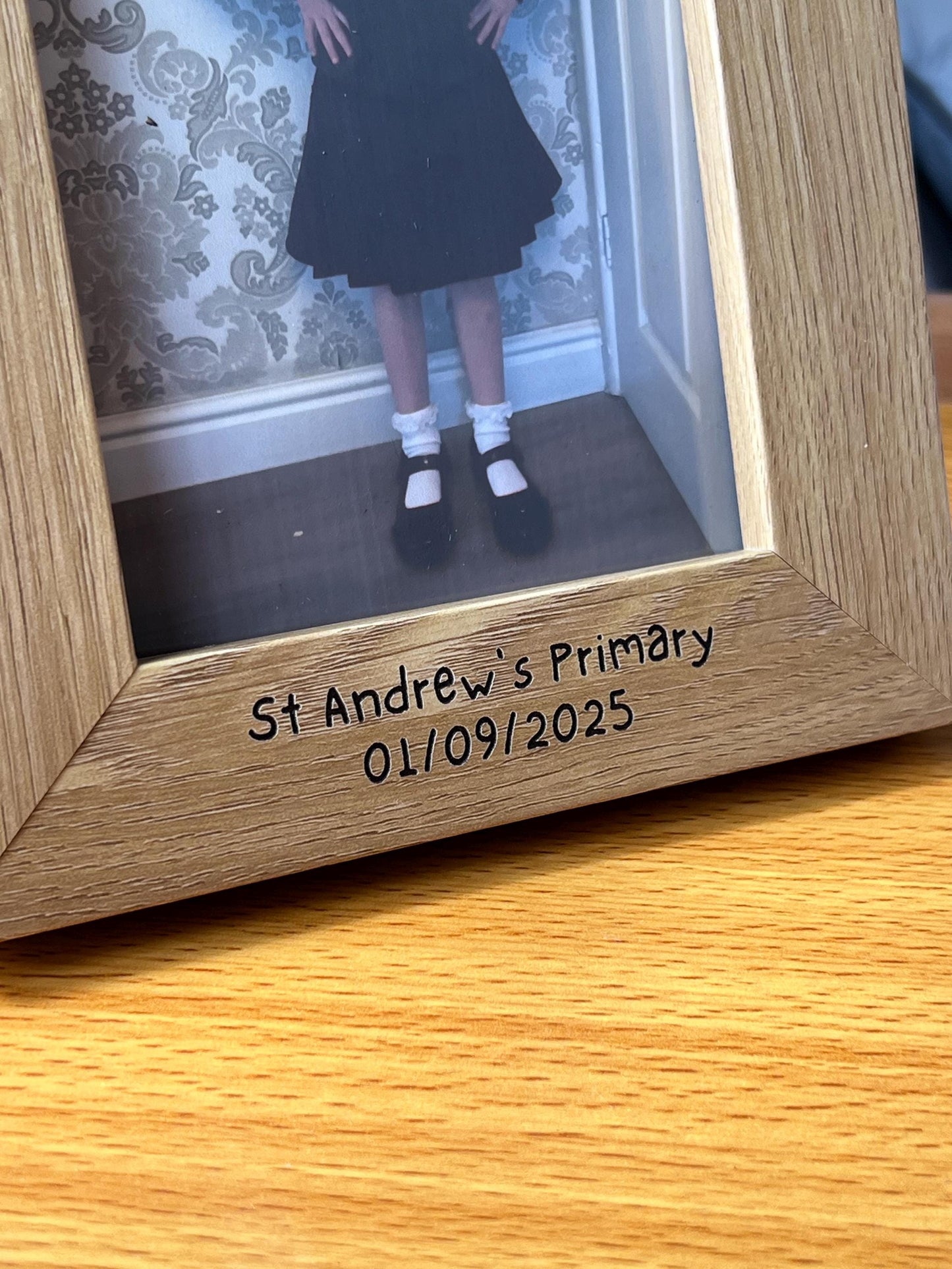 1st day of school photo frame. School photo. Personalised lovely oak effect engraved photo frame holds 6x4 photo. Any words.