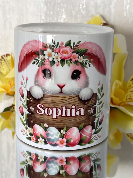 Easter bunny money box with name. cute gift for children at Easter to save pocket money. Easter money. personalised money box. Easter eggs