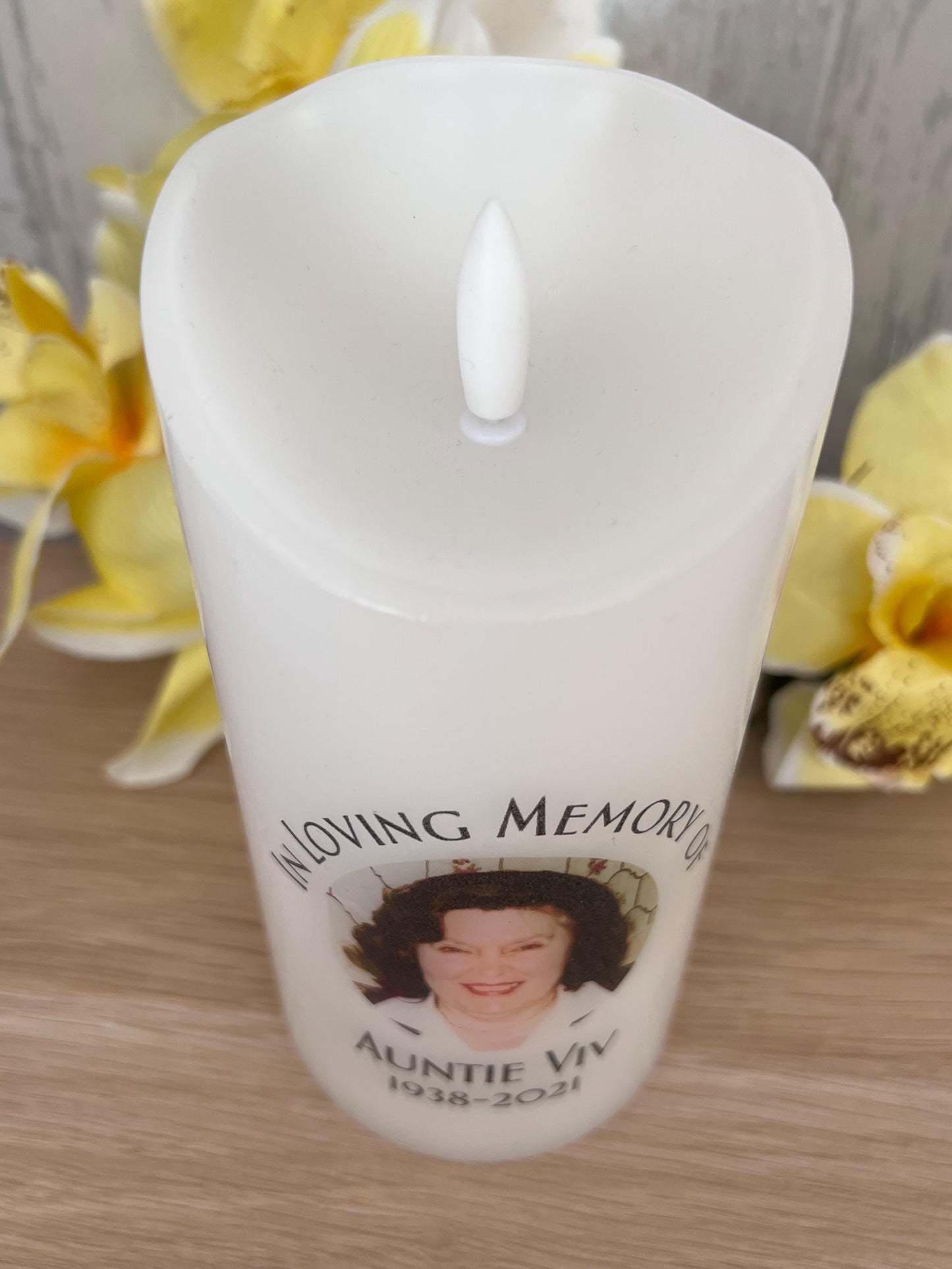 Memorial Candle personalised with photo. Memorial Keepsake. In loving memory of. battery candle with image set in wax coating. fresh cotton