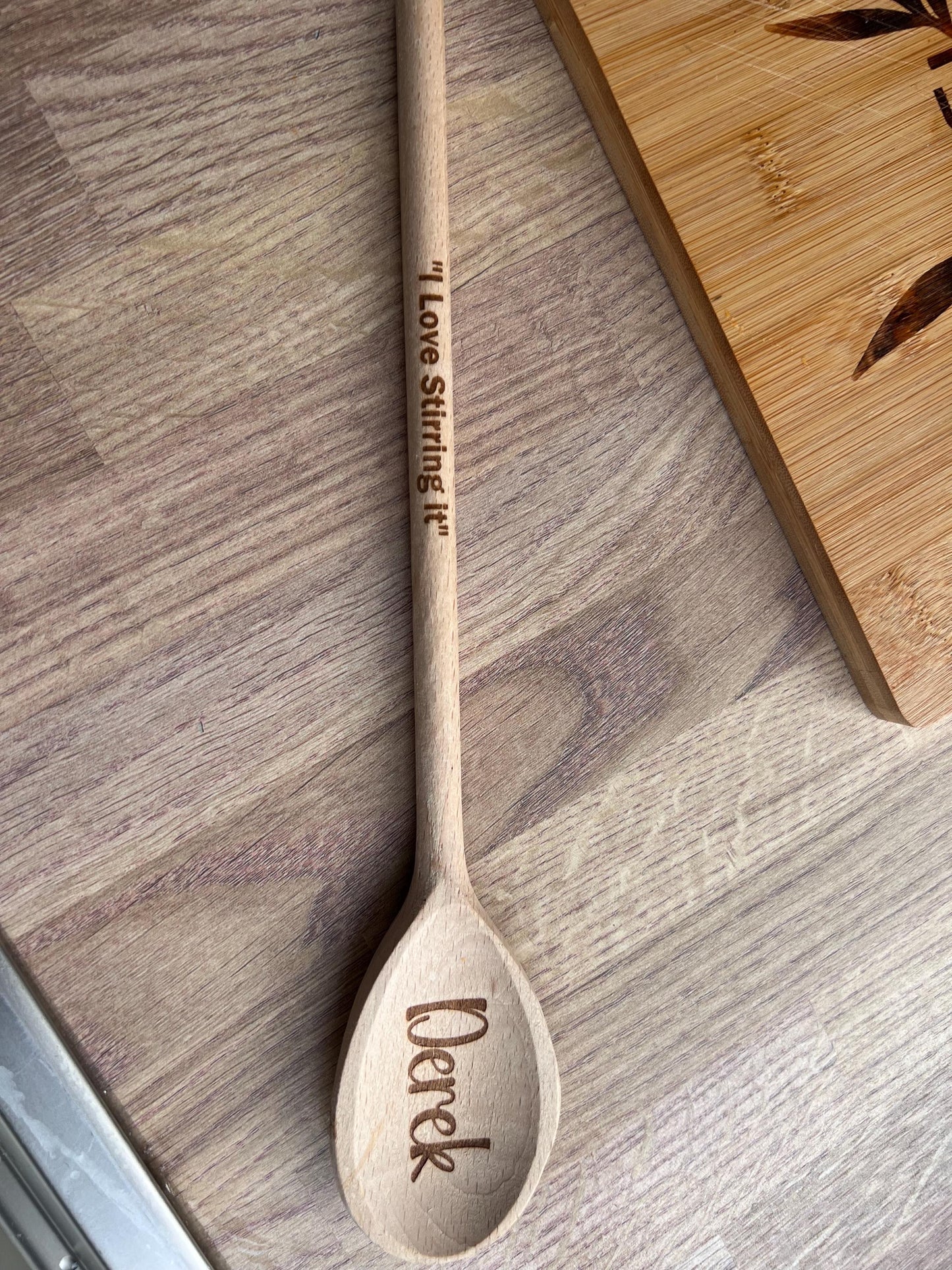 Personalised engraved wooden spoon. Great gift for that special chef or baker. Laser Engraved both sides with message.