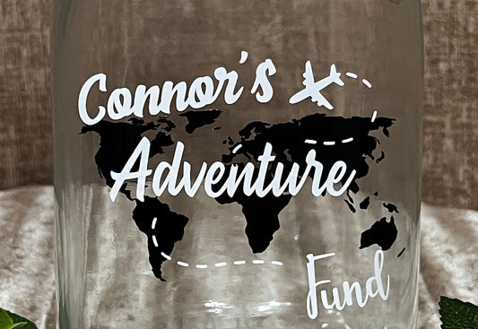 Adventure fund jar. Spring opening money jar slot. Piggy bank. Personalised