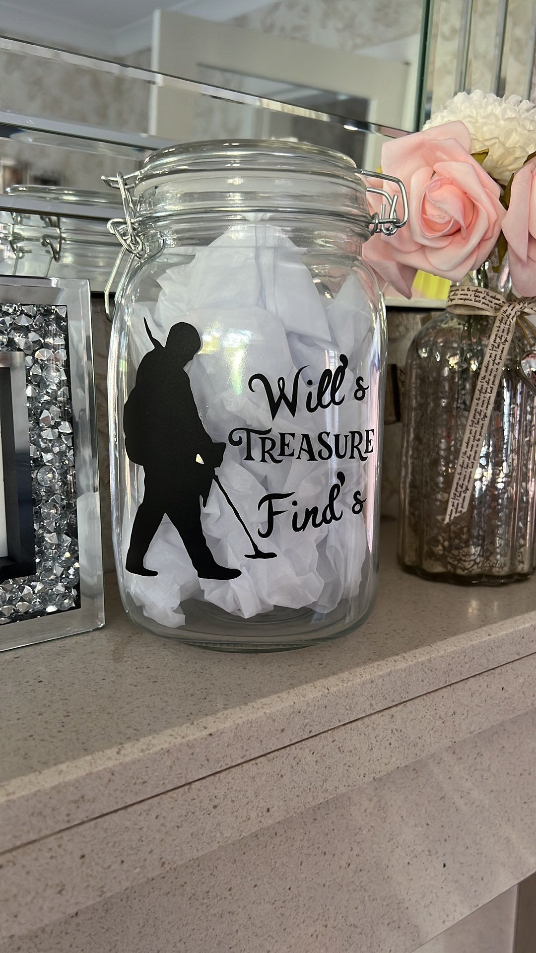Personalised Metal detector Treasure finds jar. Detector gift, Storage Jar. Great way to store those finds. Male or female detector image.