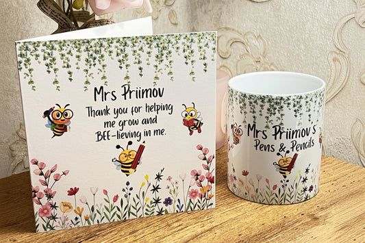 Personalised Pen Pot - Flower Garden & Bees Design | Desk Organiser with Matching Card