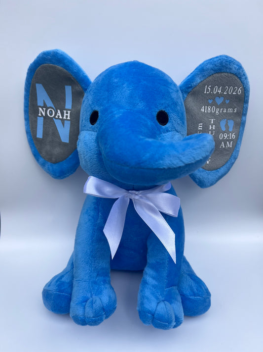 Personalised Plush Blue Elephant | Baby Stats Keepsake | New Baby & Shower Gift. Baby Boy