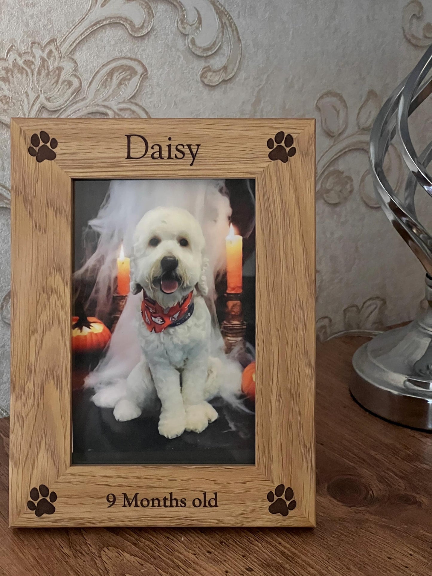 Engraved Dog photo frame personalised with name and date. For your Furry friend. custom made with ANY wording.6x4 photo. Oak effect frame.