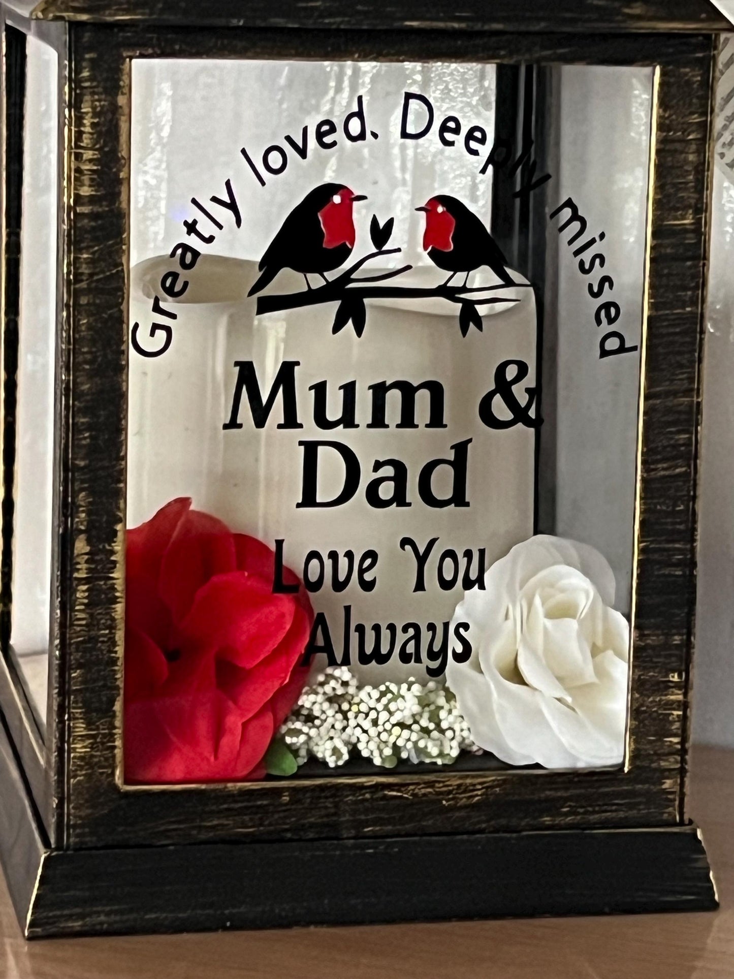 Personalised Memorial Lantern choice of flower colour, Mum, Dad, Nan, Grandad Wife , husband etc. Graveside ,Home. Auto candle two robins