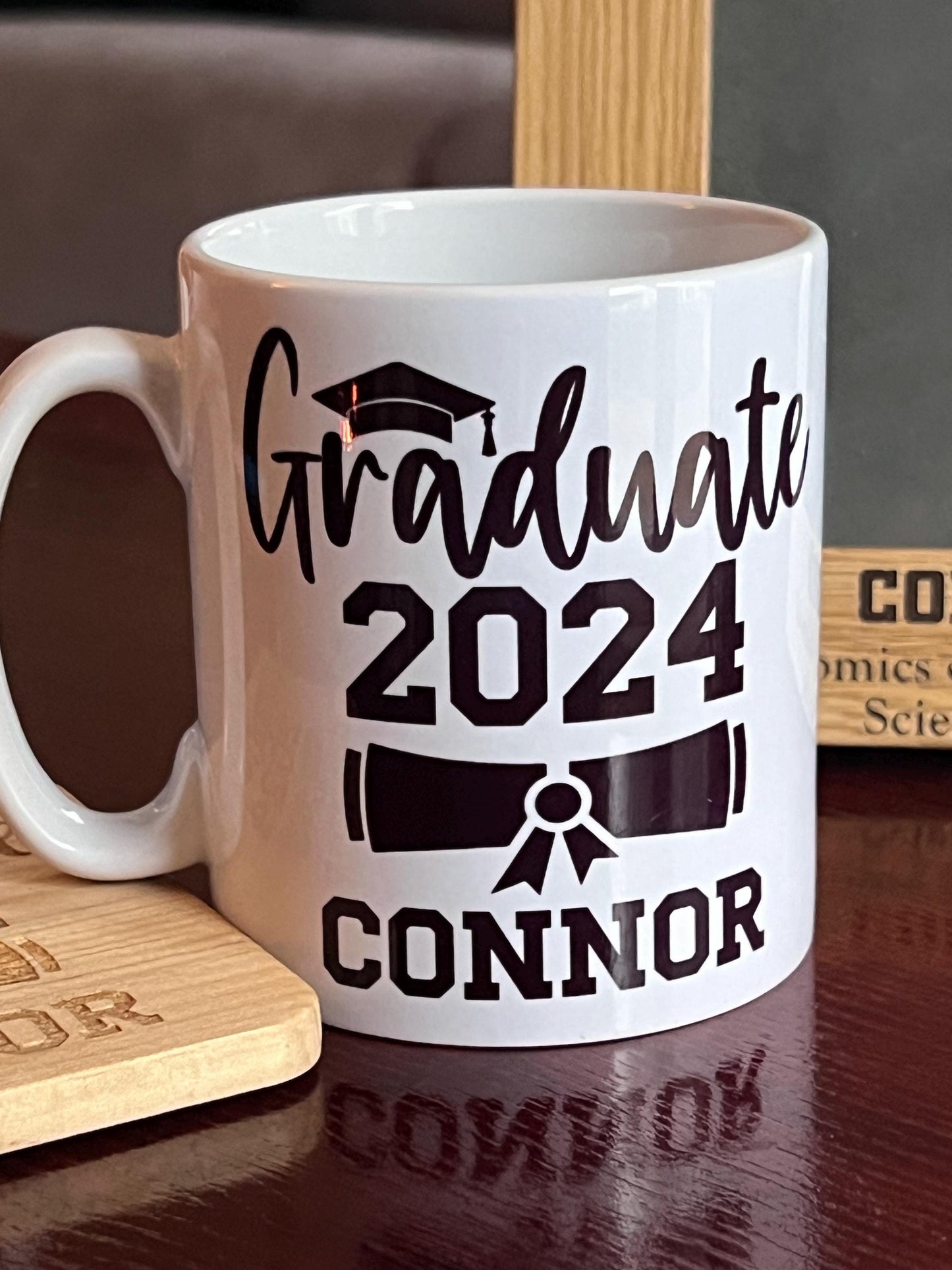 Graduation gift set. Engraved Frame, Coaster & Mug. Wonderful way to celebrate graduation. Keepsake.