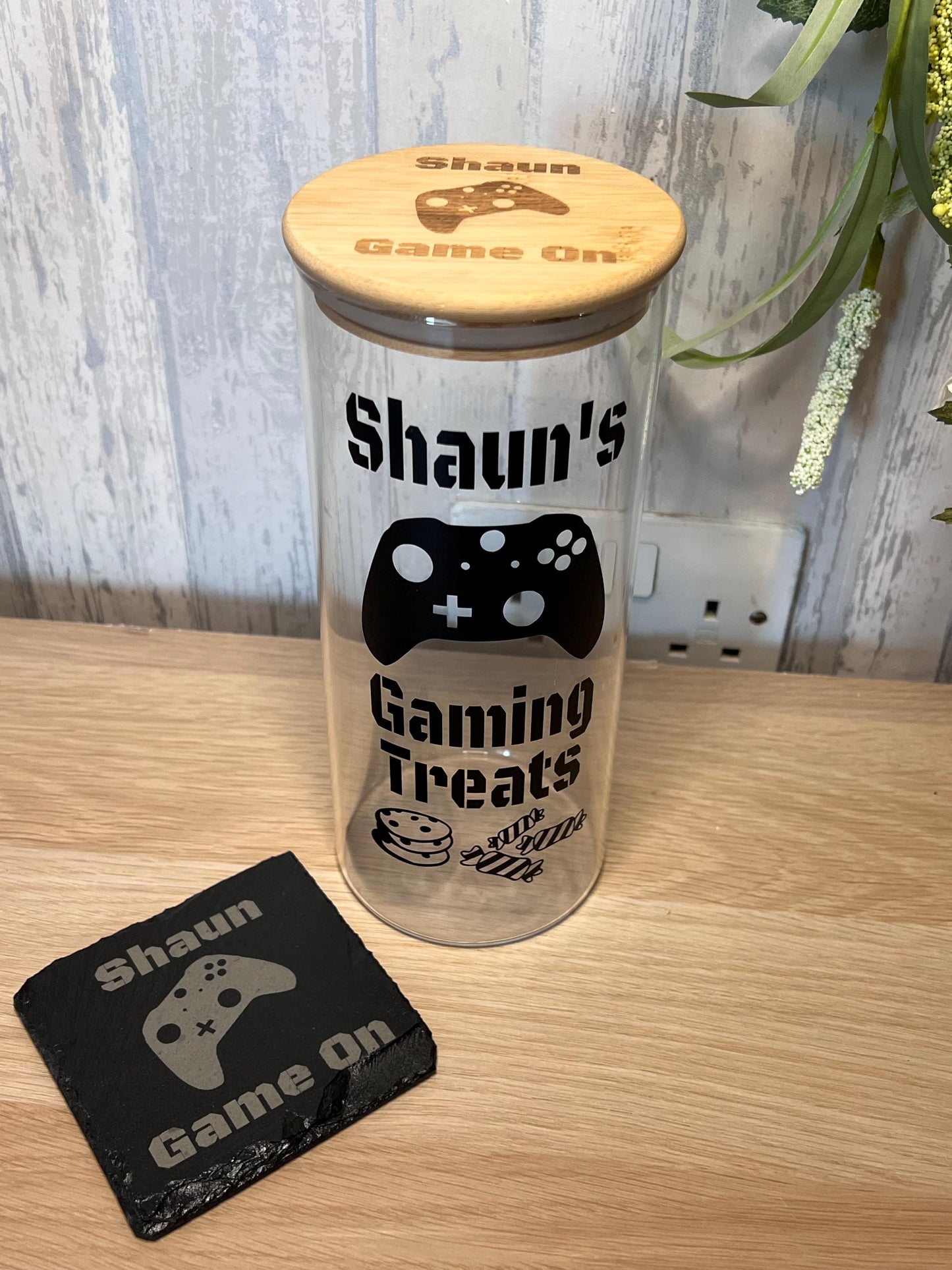 Personalised gaming jar /streaming treat jar. Engraved lid and choice of engraved coaster slate or wooden . Great gift for the gamer-console