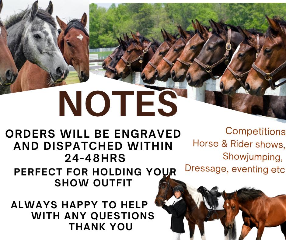 Personalised show engraved horse riding coat hanger-perfect for kit or shows showjumping-eventing-dressage or showing outfits. Equestrian-