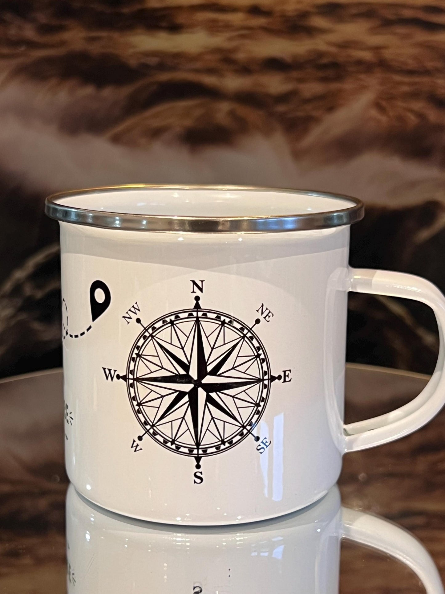 Van life Personalised enamel mug with name. The adventure begins. Compass. Great mug for camper van. Metal mug. Camping Mug