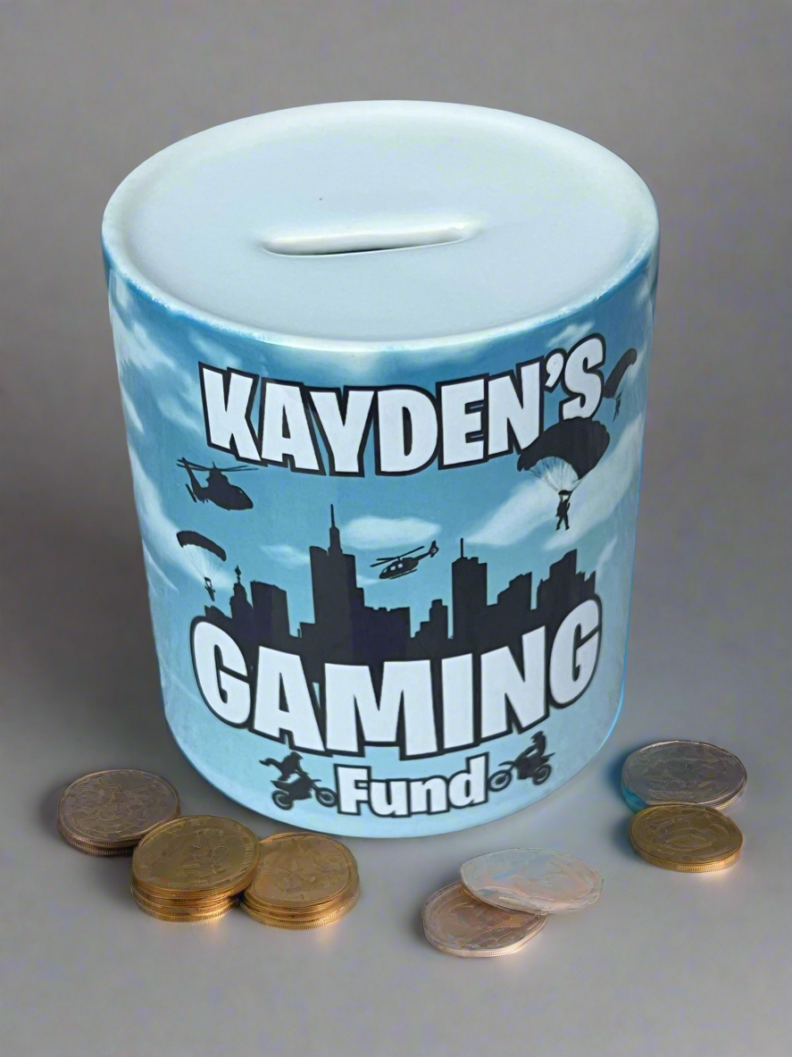 Gaming fund Ceramic Money Jar for Coins and Notes - 9.3cm High x 8.2cm Diameter - Piggy, Decor Gift Great stocking filler.