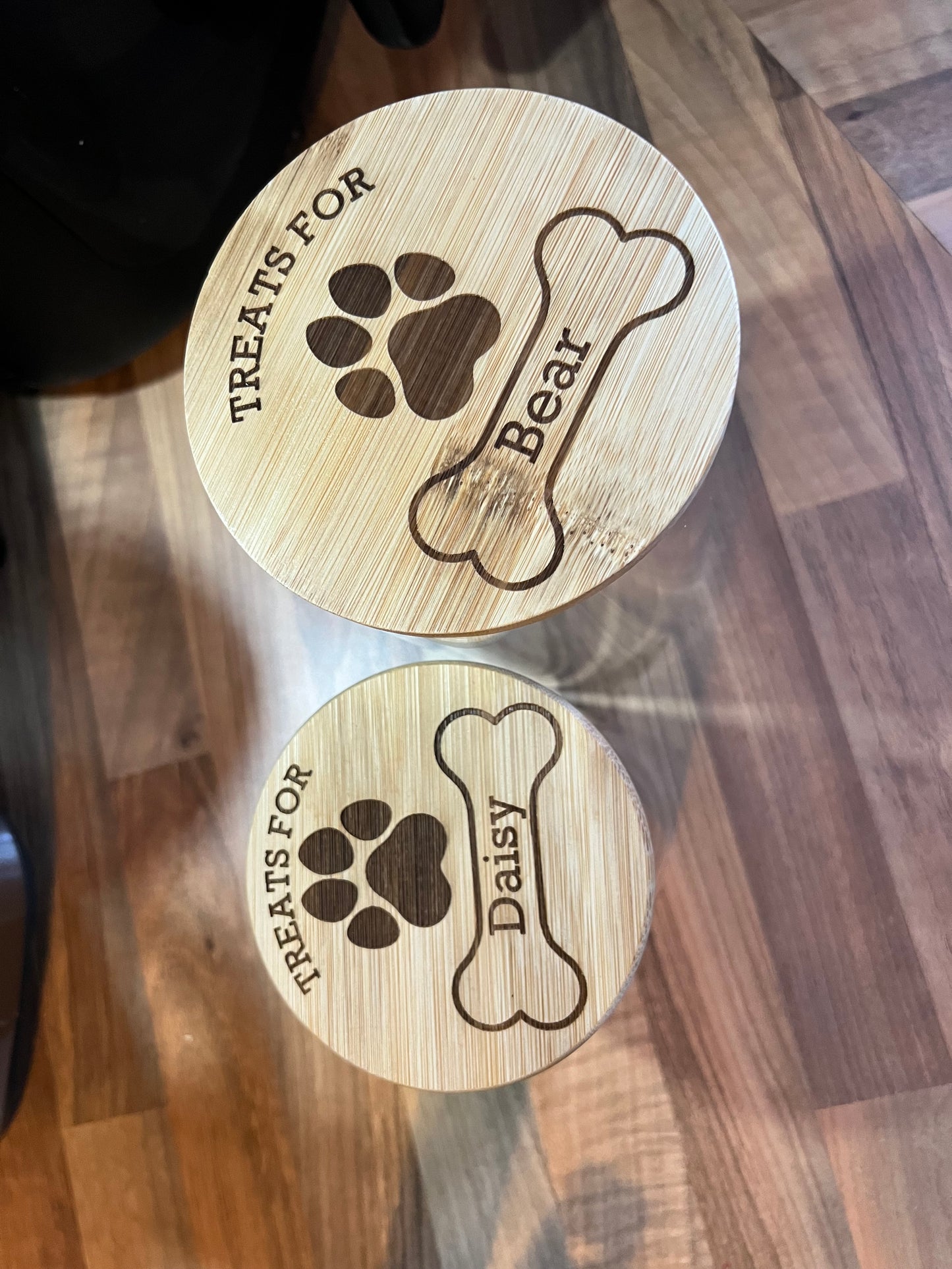 Dog treats jar personalised with name. engraved. pet treats storage jar, can be custom made to any words 2 sizes . Airtight bamboo lid.