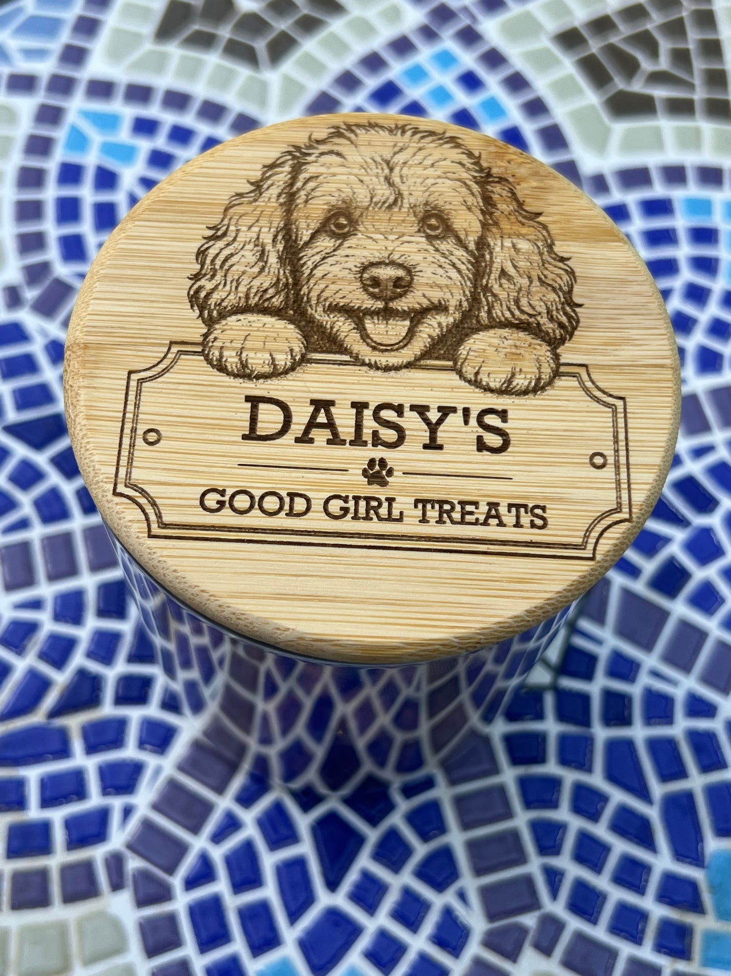 Personalised Engraved Dog Treats Jar with Bamboo lid - Cockapoo. Laser Engraved Puppy Gift, Airtight Treats Container.