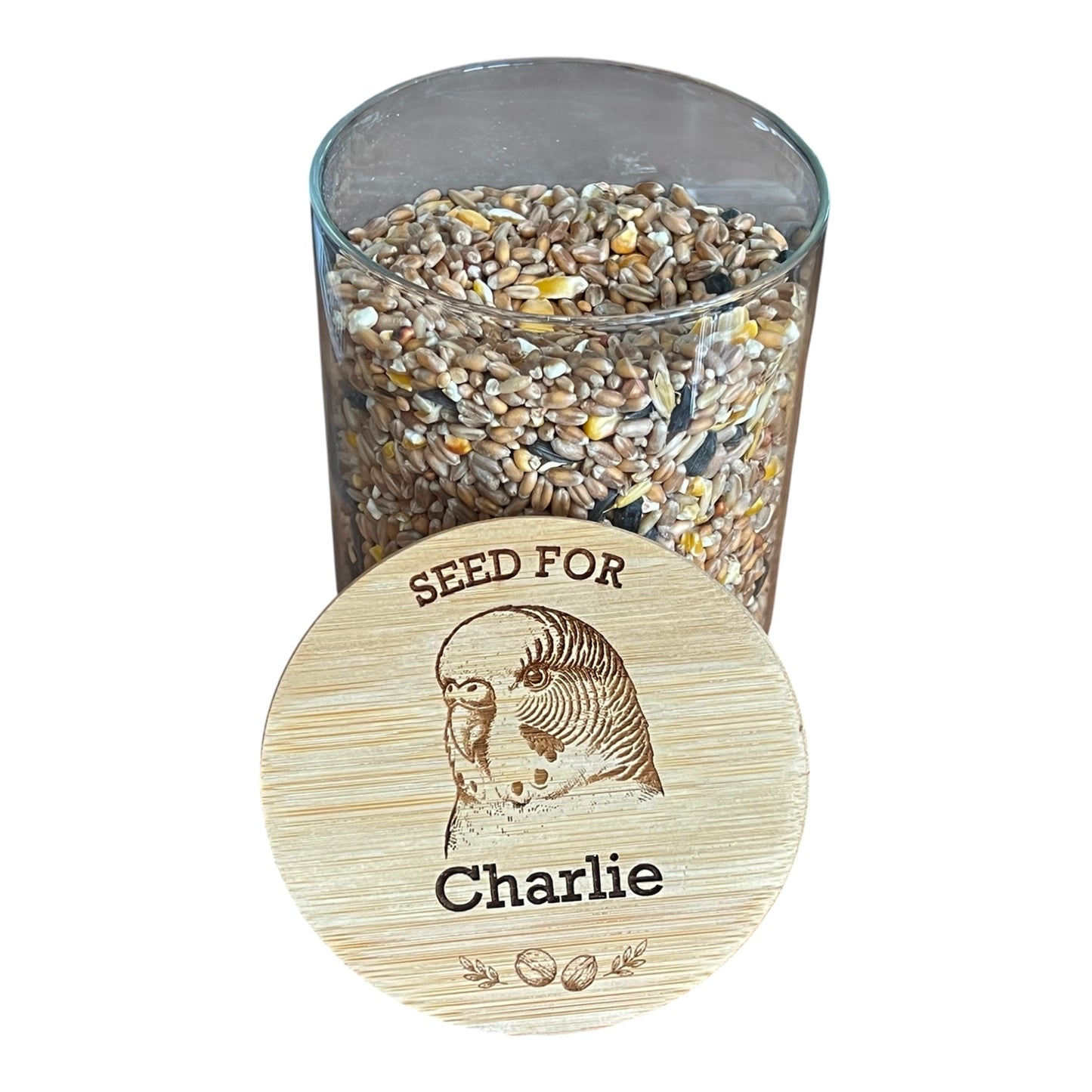 Personalised Engraved Bird Seed Jar — Budgie, Parakeet & Parrot Design