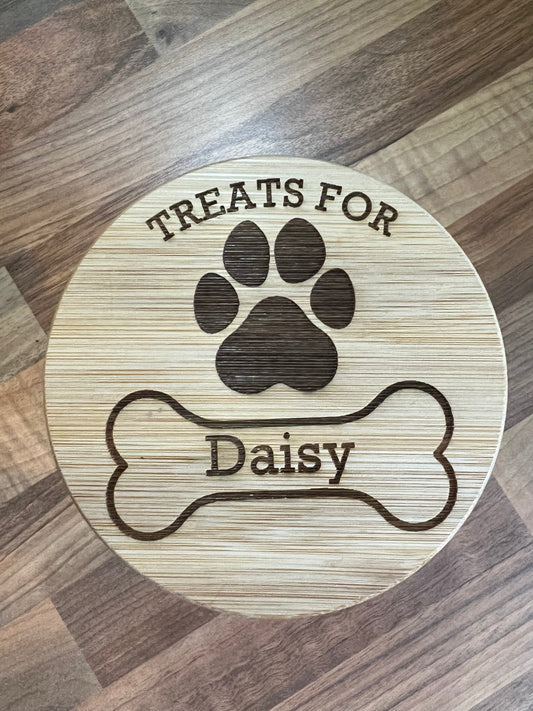 Dog treats jar personalised with name. engraved. pet treats storage jar, can be custom made to any words 2 sizes . Airtight bamboo lid.