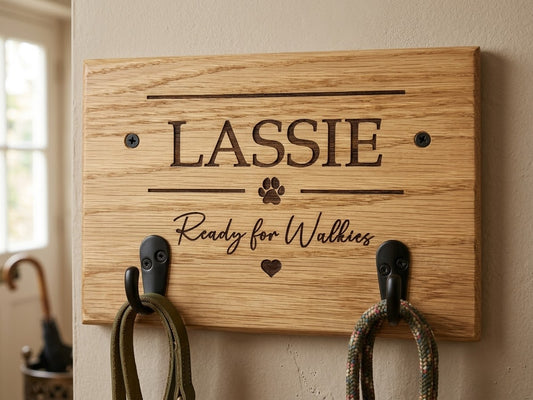 Personalised Dog Lead & Harness Holder | Solid Oak Wall Hook | Custom Engraved Pet Organiser