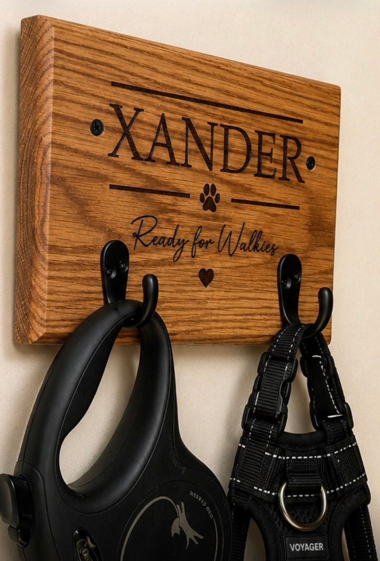 Personalised Solid Oak Dog Lead Holder-Engraved Dog Lead & Harness Hook. Custom Pet Wall Mounted Organiser.