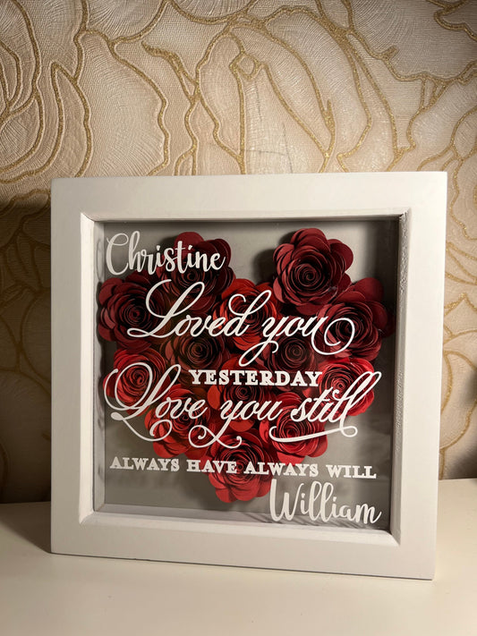 Shadow box heart, 3D rolled paper flowers personalised handmade paper roses, heart with verse, flower box,Valentines, 16.5 cm x 16.5cm frame