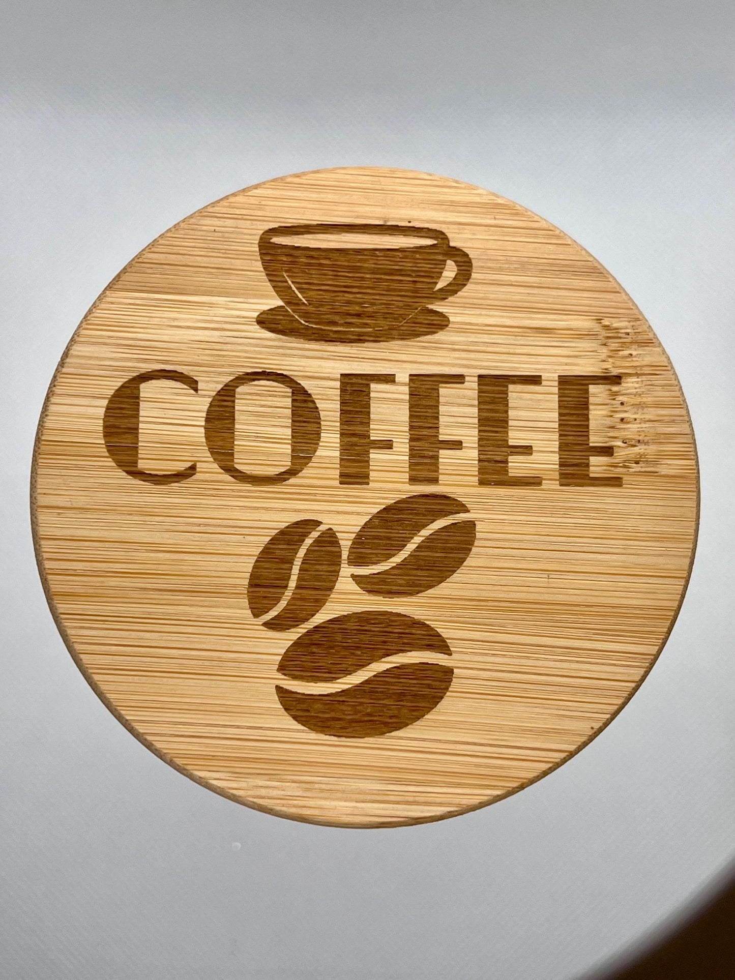 Engraved Tea Coffee and Sugar canister set or individual. Glass storage with engraved airtight bamboo lid. visual aid