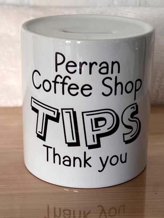 Personalised Tips ceramic jar Money Box . Savings jar . Business tips jar , hairdressers, cafes, etc. Money jar, coins and notes. .