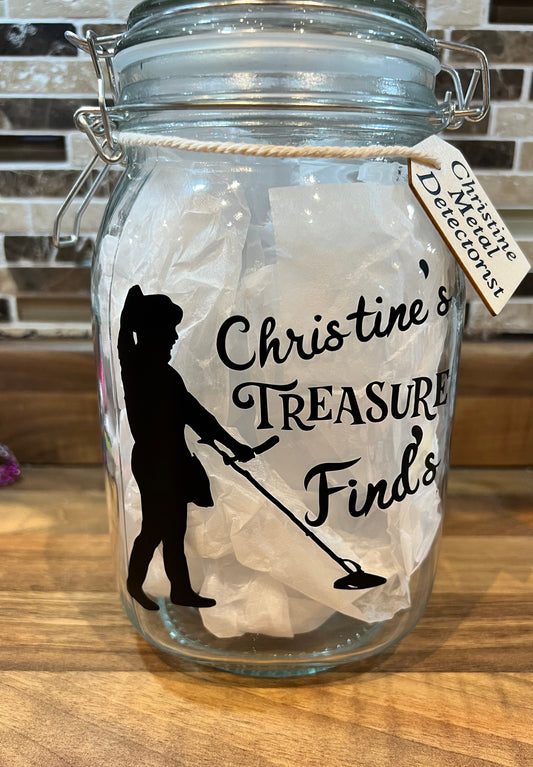 Personalised female Metal detector Treasure finds jar. Detector gift, Storage Jar. Lady metal detector gift. Treasure