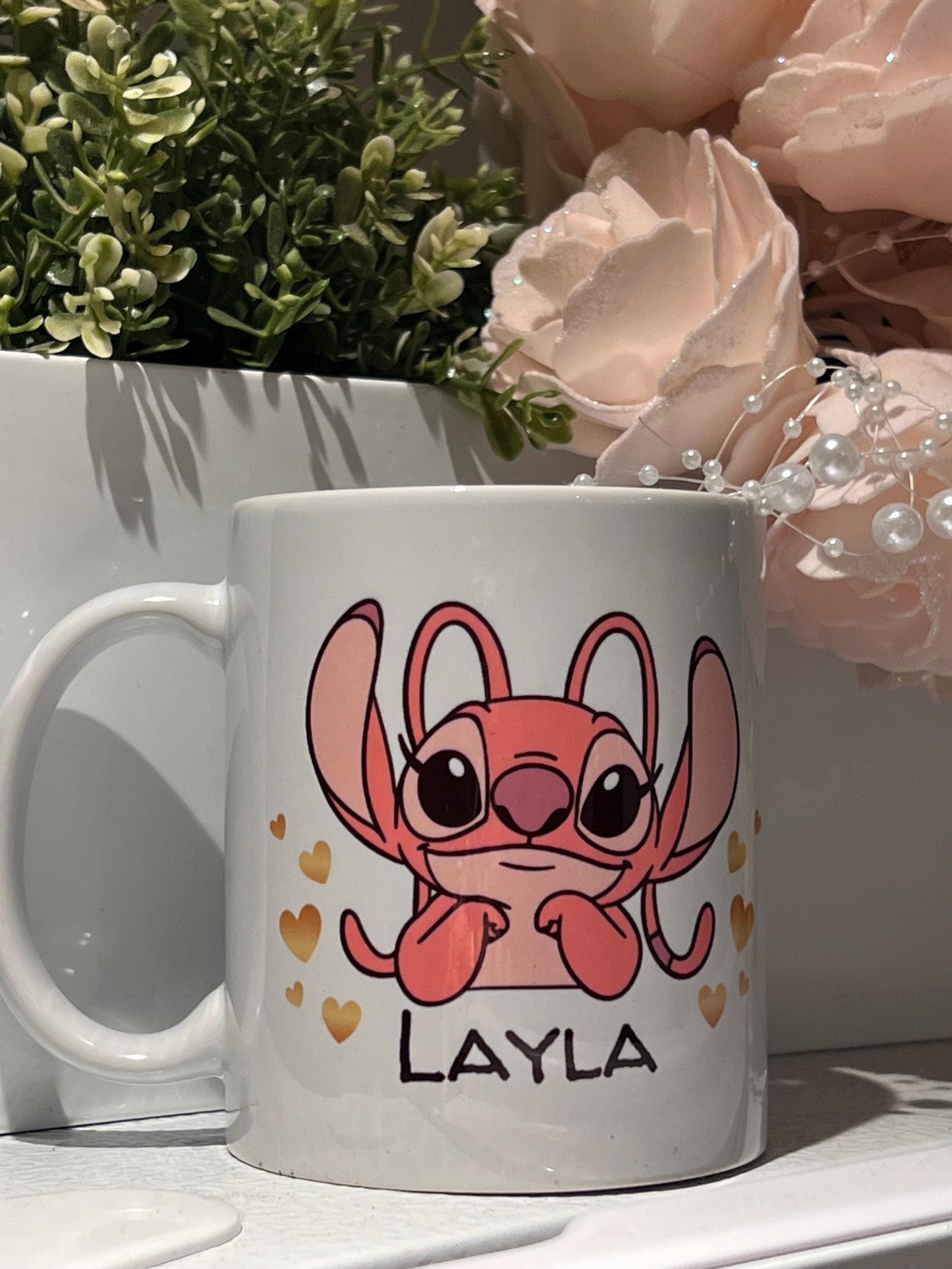 Personalised Stitch cup, mug. 11oz, with any name. Birthday or Easter gift. Choice of front pattern or both. Stitch mug.