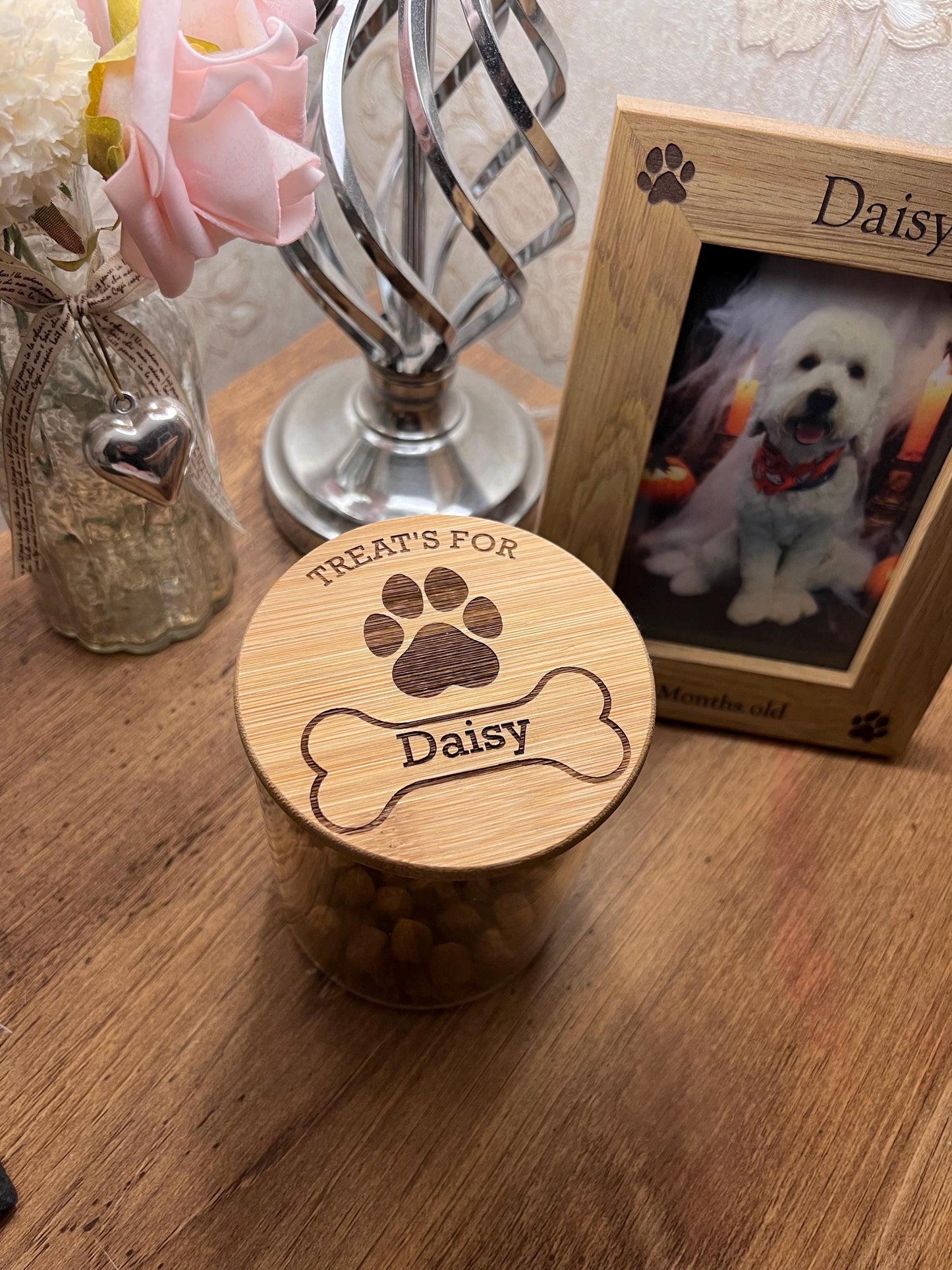 Dog treats jar personalised with name. engraved. pet treats storage jar, can be custom made to any words 2 sizes . Airtight bamboo lid.