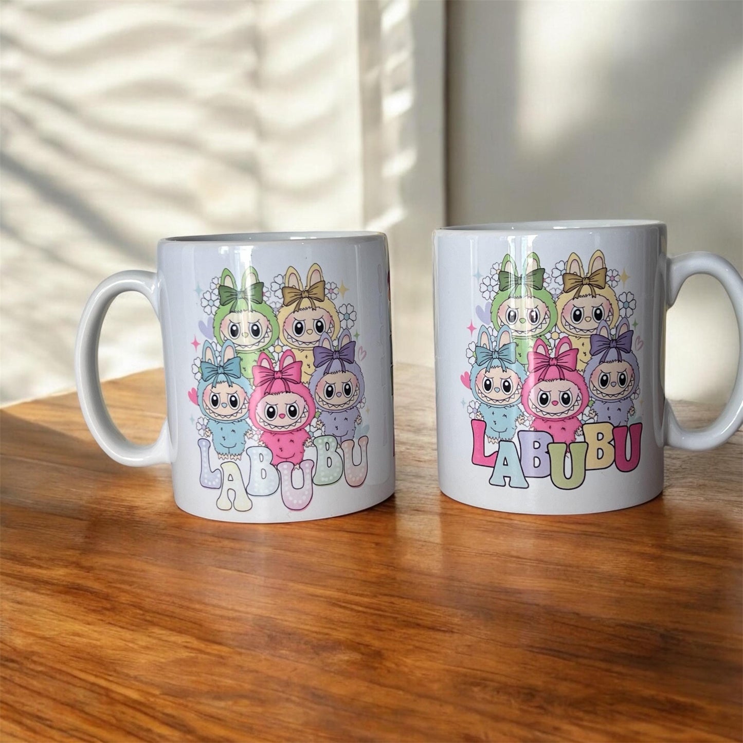 Labubu inspired mug. labubu cup personalised with name. printed both sides 10oz mug. Childs cup now with matching aluminium water bottle.