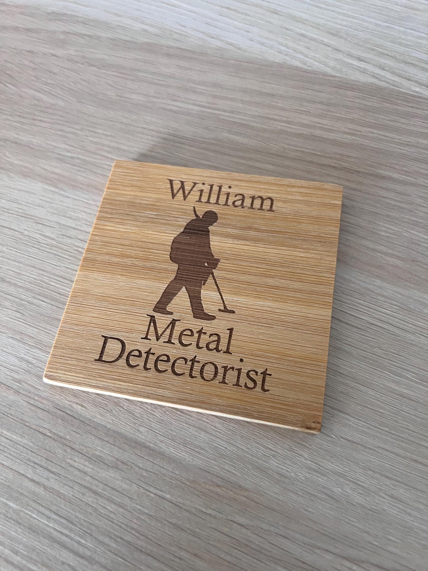 Personalised wooden engraved coaster. Metal detector with name. Metal Detectorist. great gift. Birthday, Hobby, anniversary.