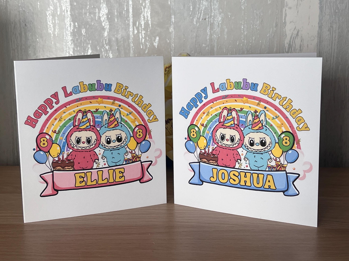 Labubu Birthday card personalised. 6x6 quality card . Perfect card for Labubu fan. can be custom made any words Pink or blue option