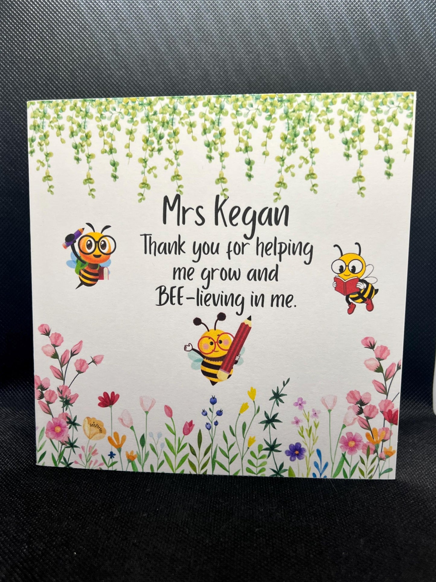 Teacher thank you card. Bee card. Garden Teacher end of year card. personalised with teachers name. 6x6 inch quality card and white envelope