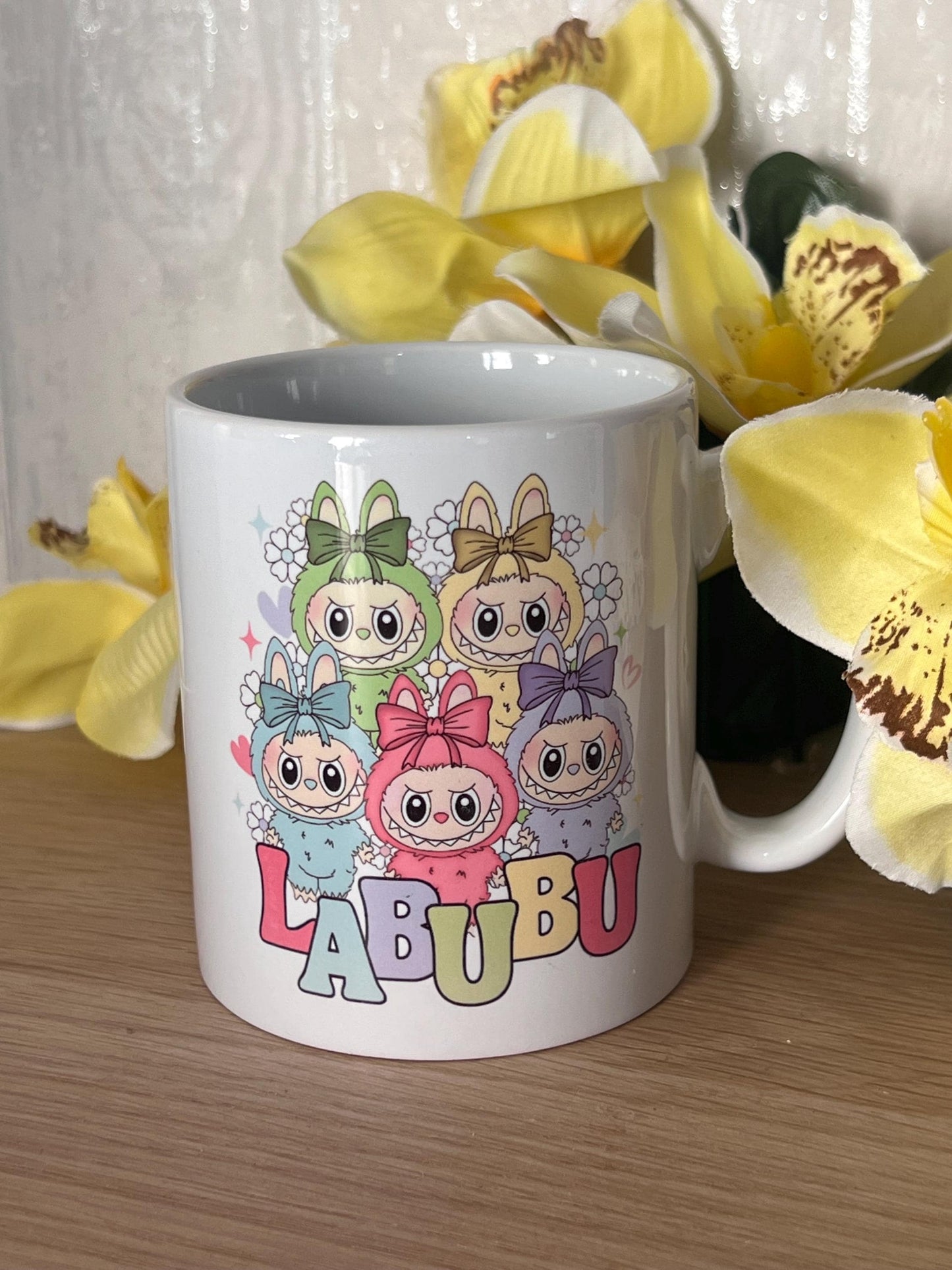 Labubu inspired mug. labubu cup personalised with name. printed both sides 10oz mug. Childs cup now with matching aluminium water bottle.