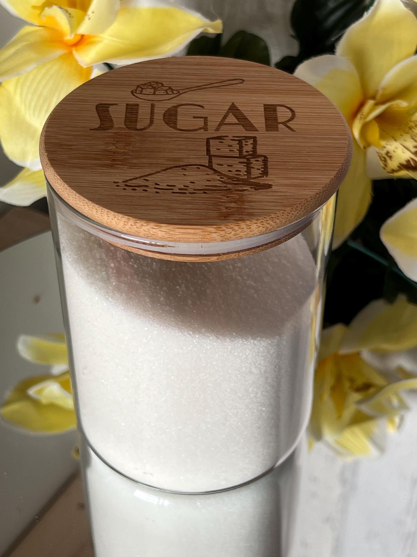Engraved Tea Coffee and Sugar canister set or individual. Glass storage with engraved airtight bamboo lid. visual aid