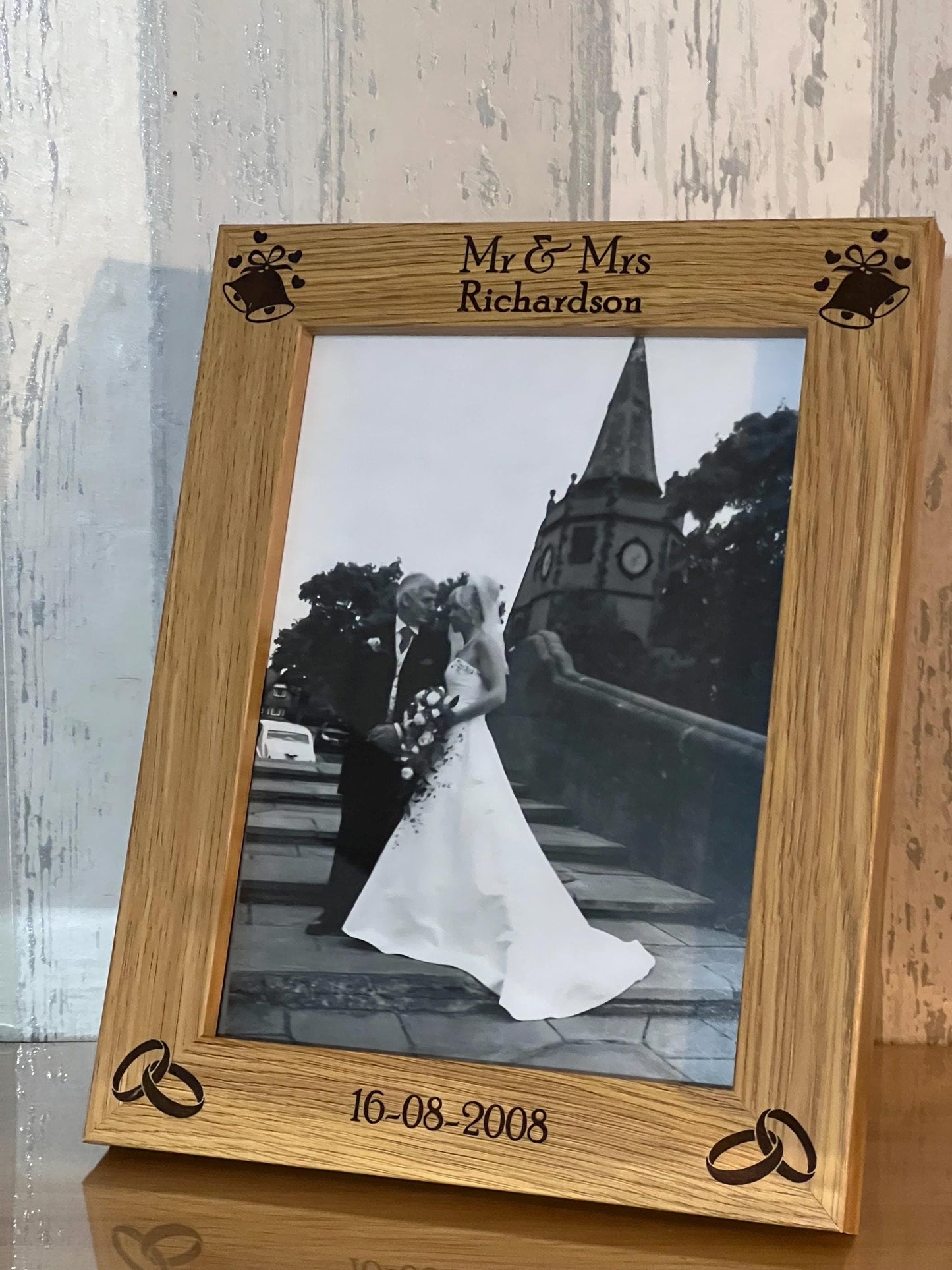 Wedding photo frame ,Anniversary gift, personalised engraved photo frame. oak effect frame custom engraved.