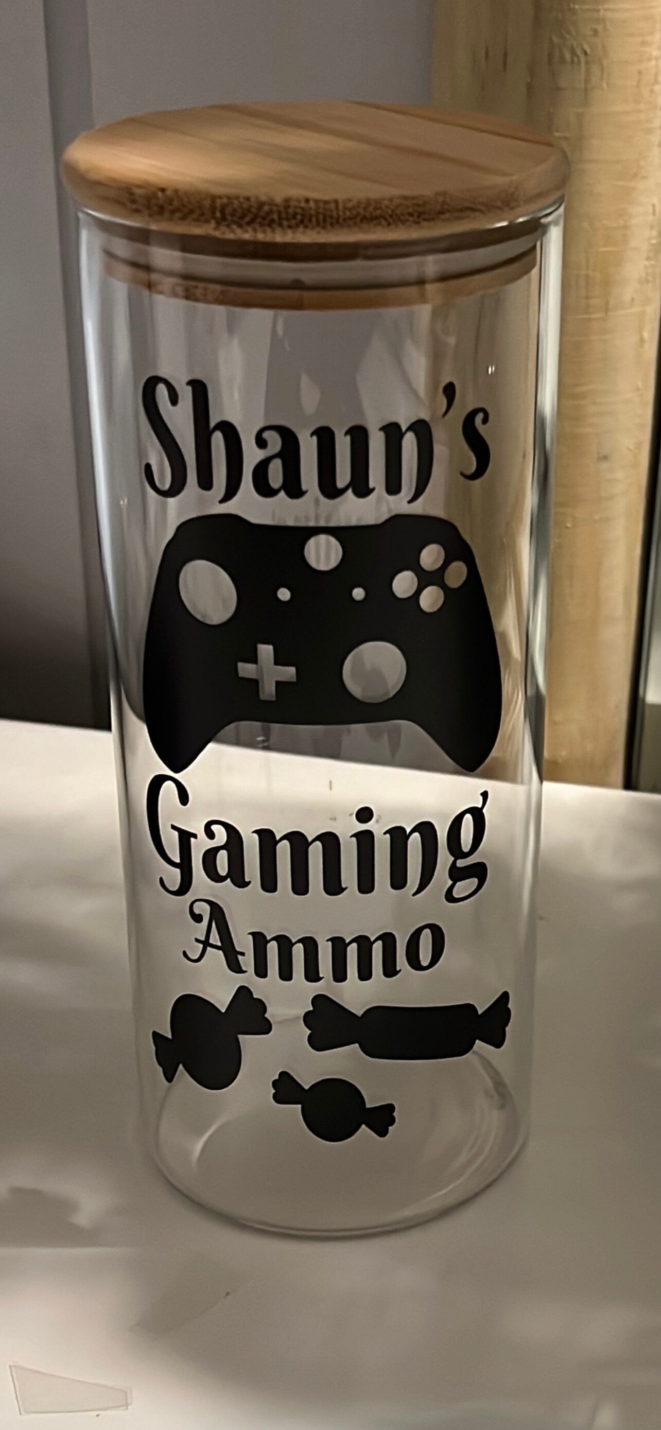 Personalised gaming treat jar. Gaming / streaming ammo sweets jar. Great gift for the gamer. Game controller image or Headset. . 1 Litre.