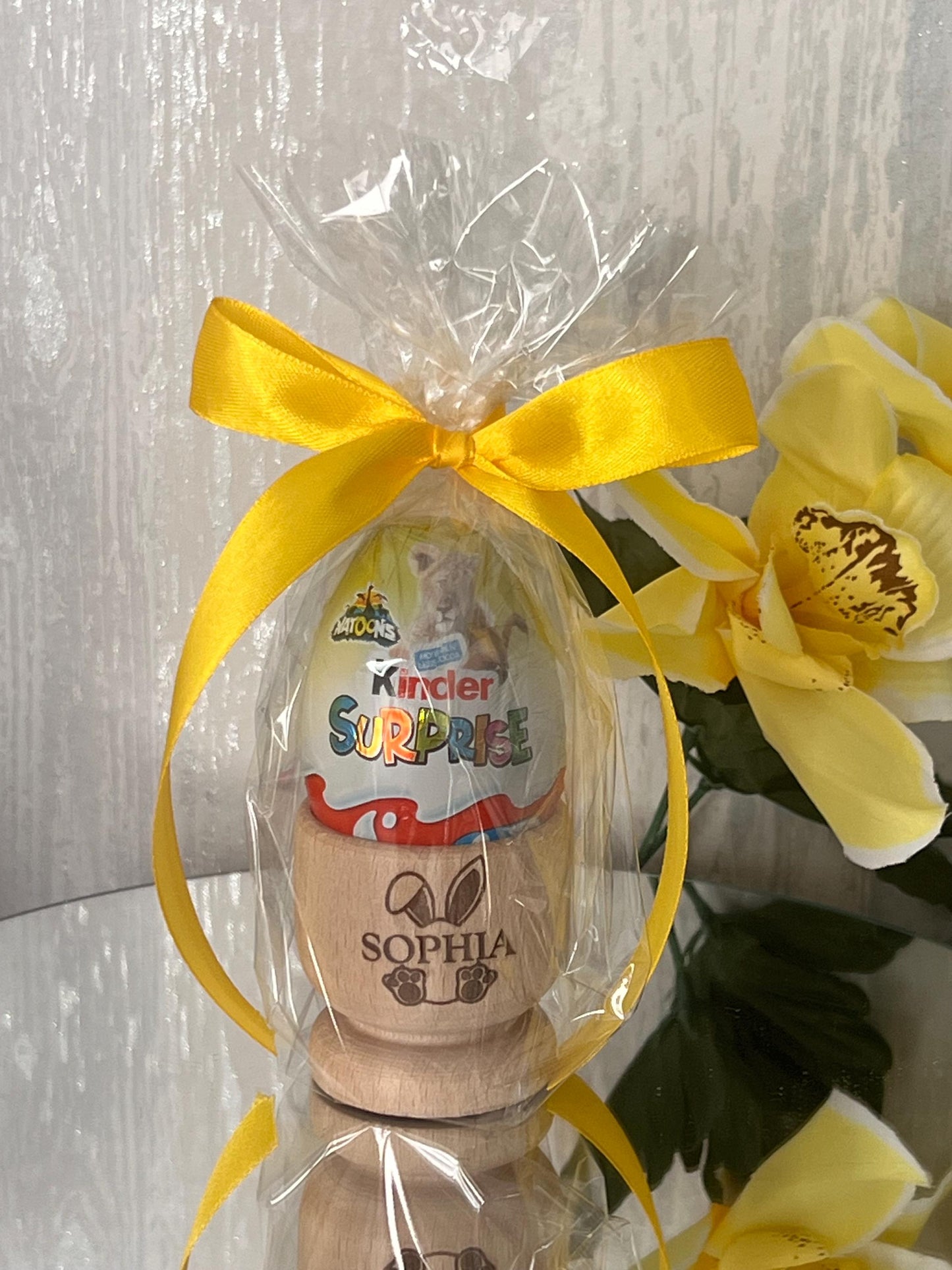 Personalised Easter gift with name. Solid beech egg cup engraved with name. Kids Easter gift. Kinder egg or crème egg option Easter bunny.