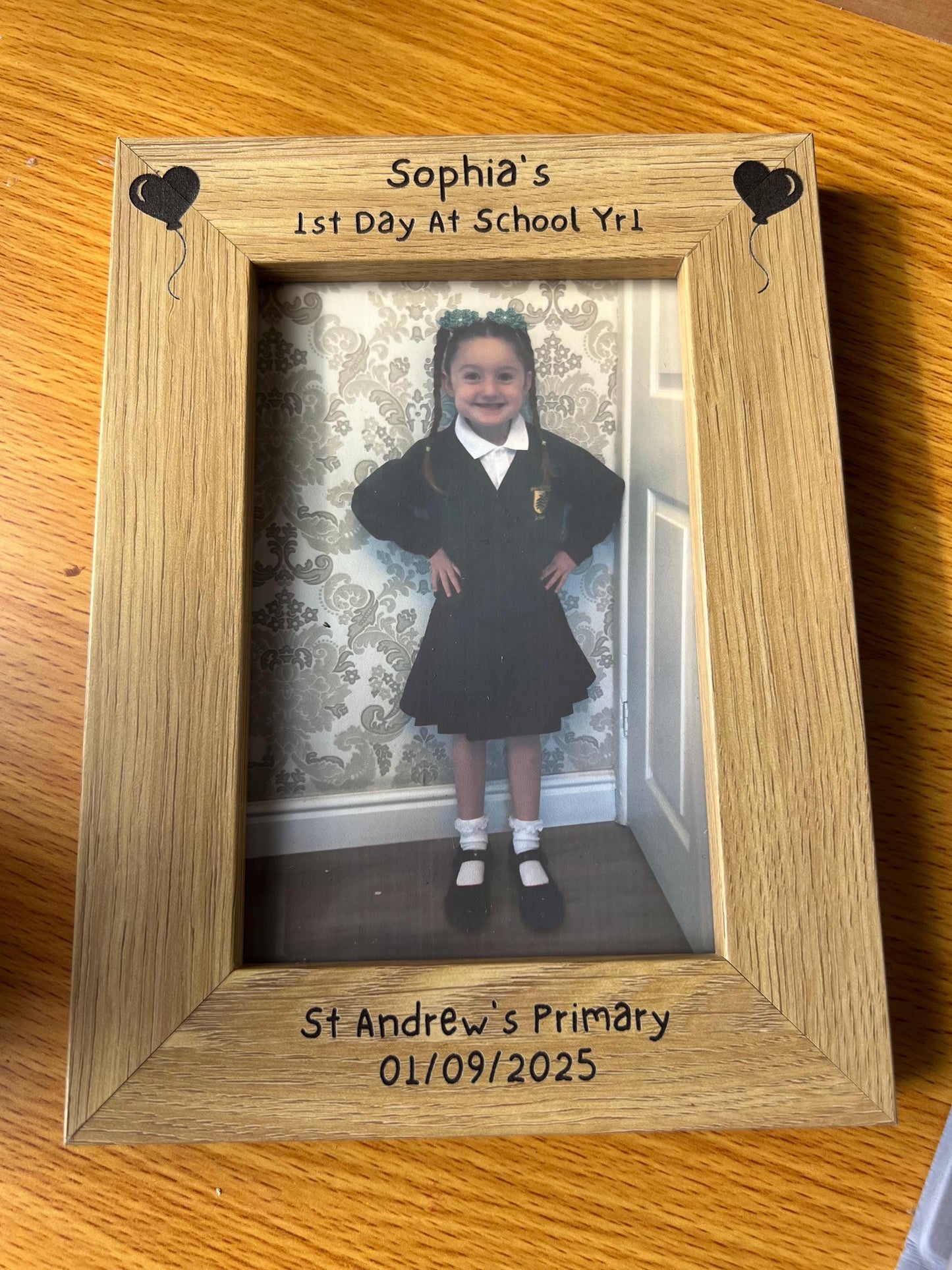 1st day of school photo frame. School photo. Personalised lovely oak effect engraved photo frame holds 6x4 photo. Any words.