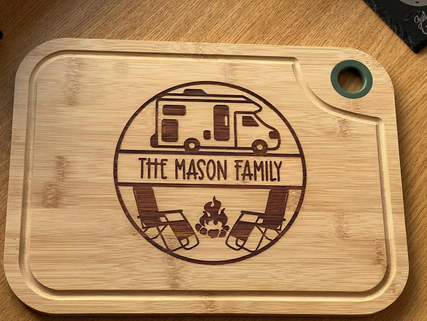 Personalised Motorhome engraved chopping board. Motorhome cutting board. Tourer or Tent design. Any name added.