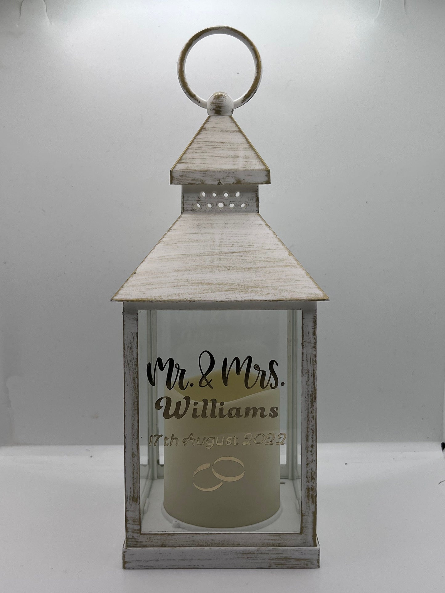 Personalised Wedding lantern. , Anniversary, led candle. Brushed gold. Wedding gift. Keep sake. Name and dates or any personalised words