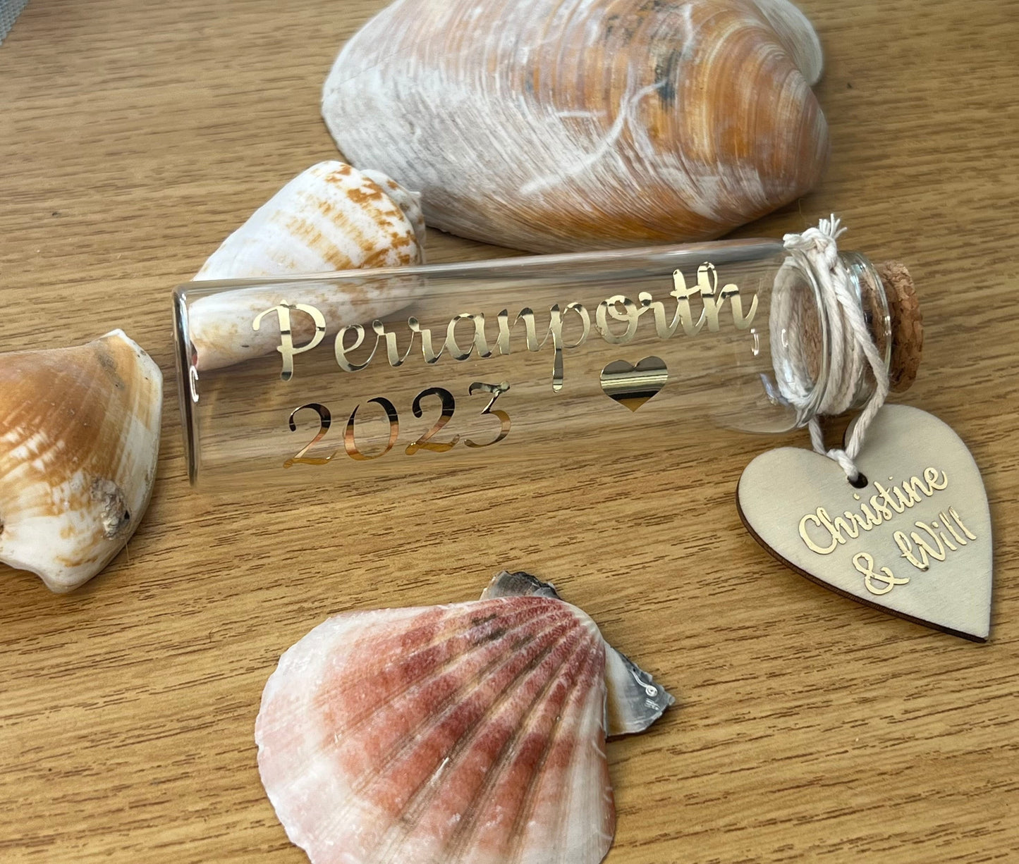 Personalised sand jar with cork stopper. Sand bottle. Wedding honeymoon special holiday etc. with wooden heart. Keepsake. Memories. 10.5cm