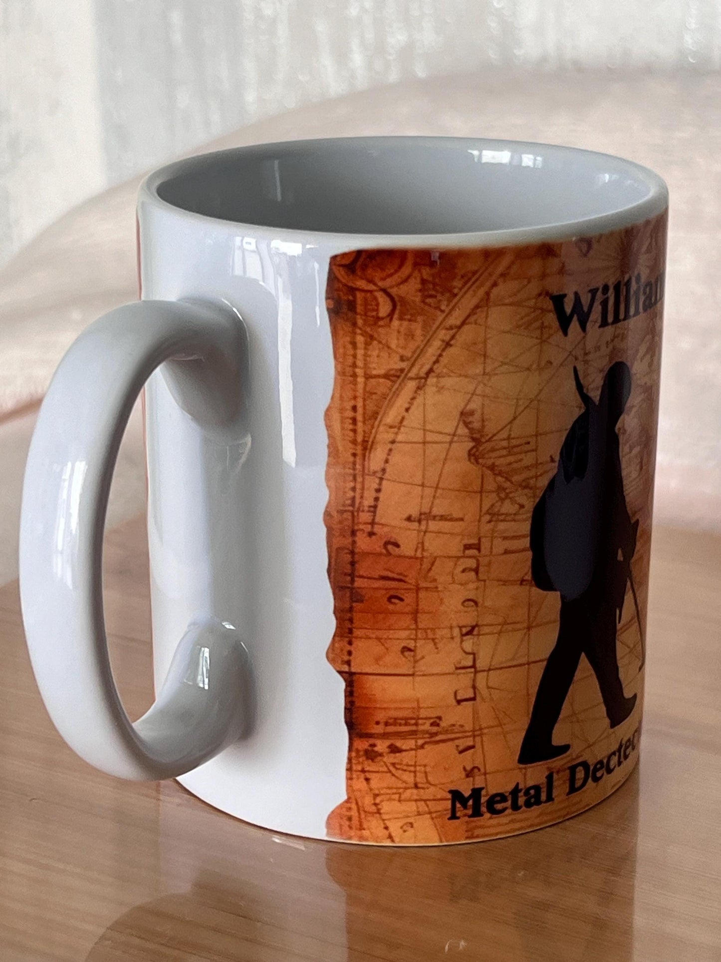Personalised Metal Detecting cup, mug. 10oz our silhouette Metal detector, your Name.. Birthday gift. Metal detector- treasure map