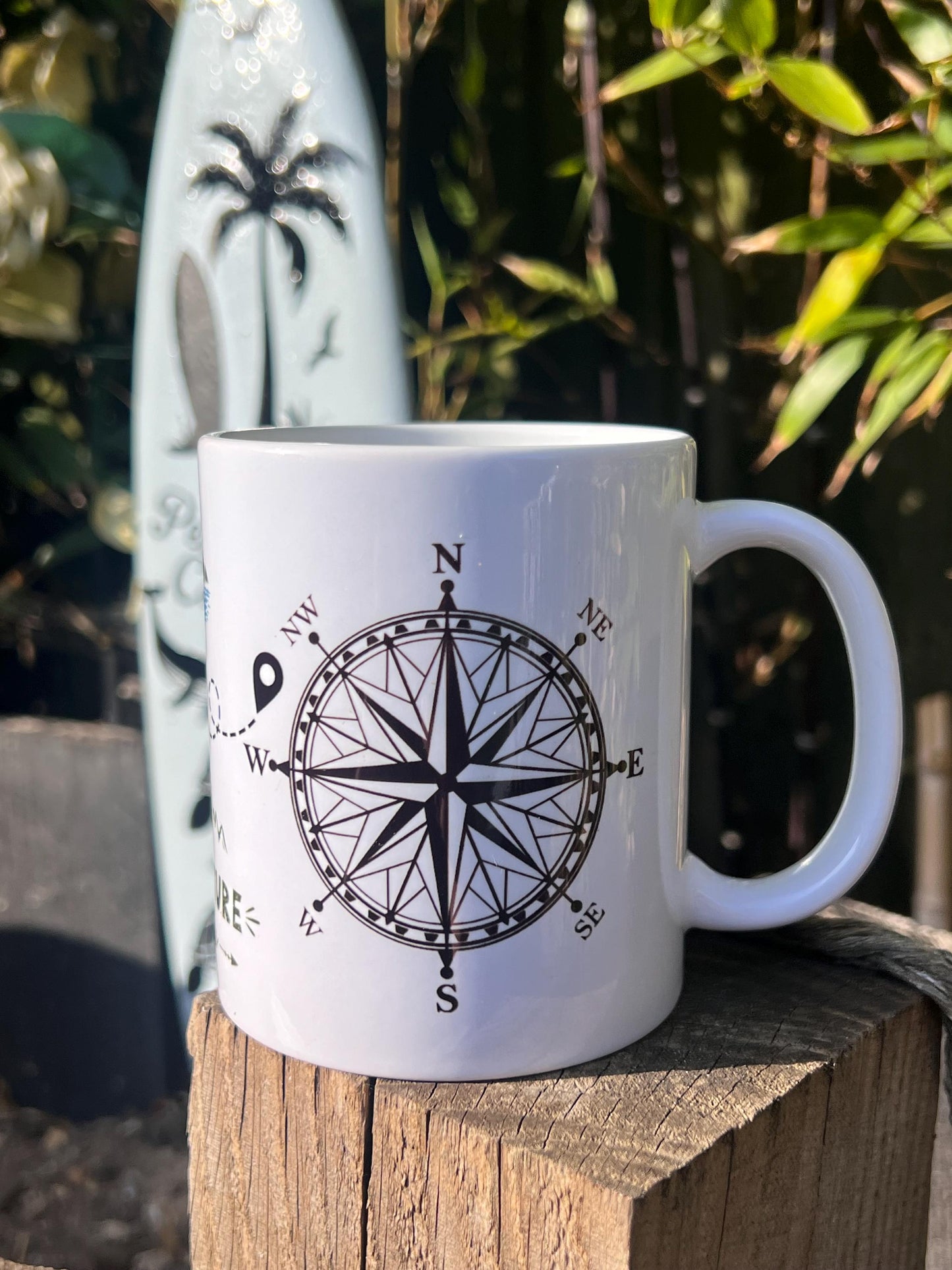 Motorhome personalised mug. Custom made with name. The adventure begins and compass image. Ideal traveller mug Motorhomer gift.