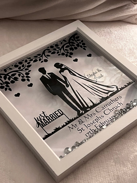 Mr and Mrs. handmade personalised wedding deep box frame with heart. Perfect wedding gift Bride and Groom.