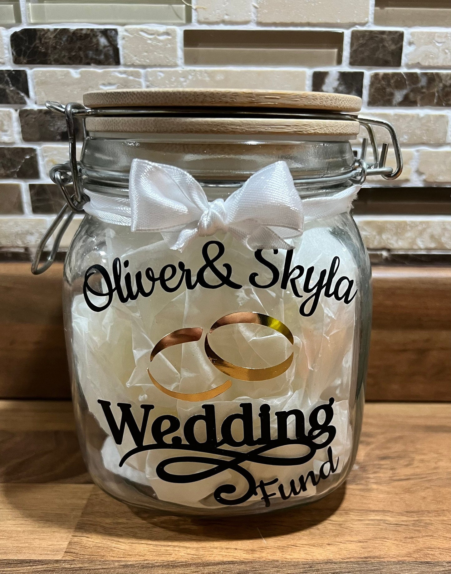 Personalised Wedding fund glass jar Money Box . Savings jar . Piggy bank with money slot.wedding rings